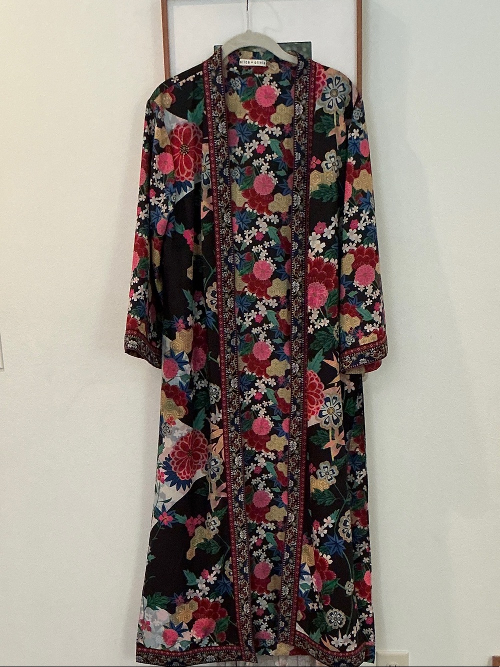 Alice + Olivia Black Floral Kimono Robe with Pink, Red & Green Accents